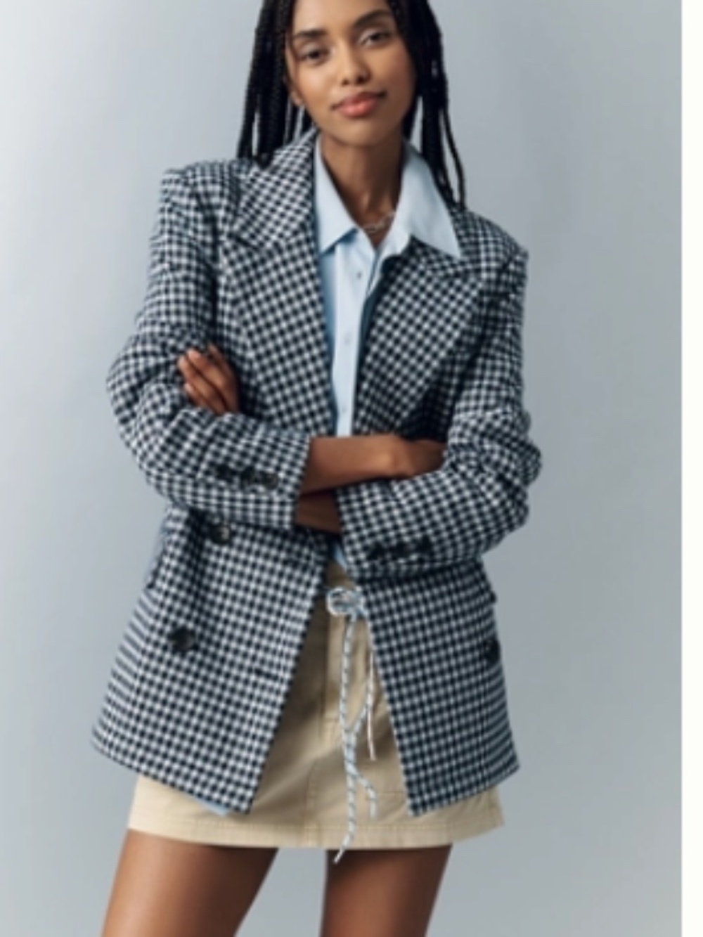 Avec Les Filles XXS Petite Black White Gingham Double Breasted Blazer